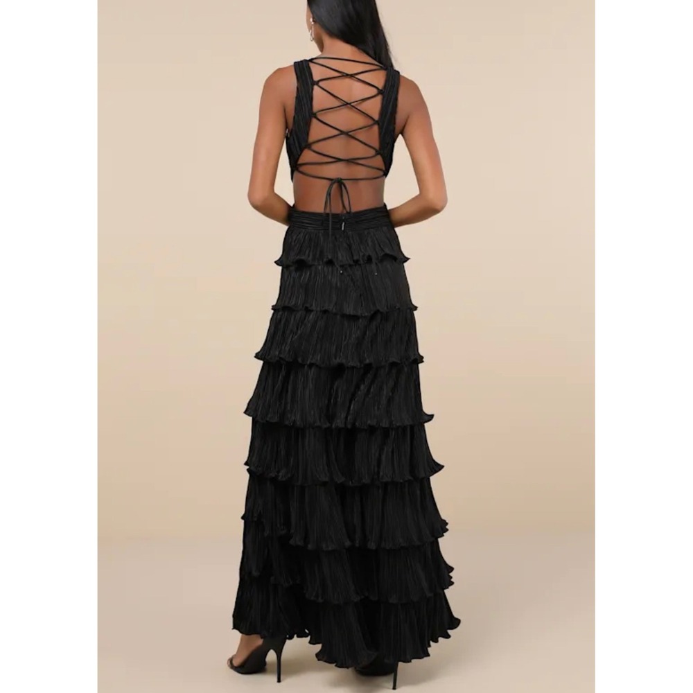 Lulus Beauty Icon Black Satin Pleated Tiered Lace Up Maxi Dress Small NWT 2694